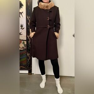 Vintage Brown Coat with Real Fur Trim -Mink